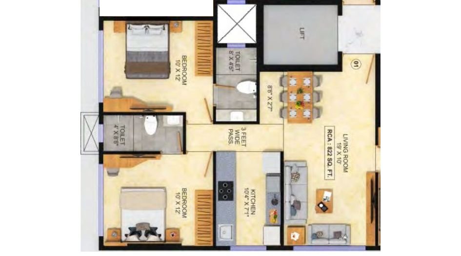 Bhoomi-Sagar-Manthan-Floor-Plan-3 BHK-822 Sqft